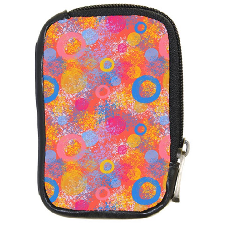 Multicolored Splashes And Watercolor Circles On A Dark Background Compact Camera Leather Case