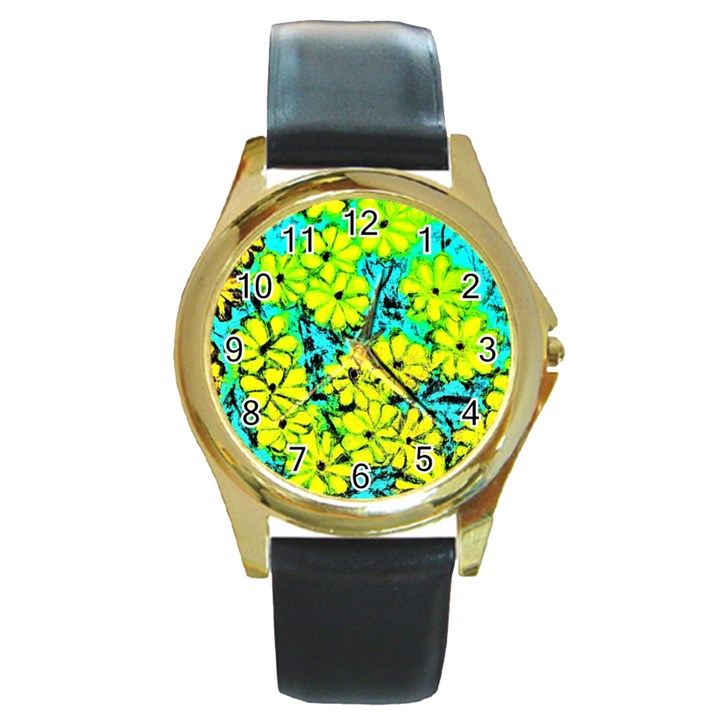 Chrysanthemums Round Gold Metal Watch