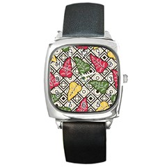 Leaves Foliage Batik Seamless Square Metal Watch by Amaryn4rt