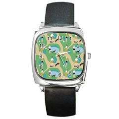 Girls With Dogs For A Walk In The Park Square Metal Watch by SychEva