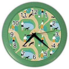 Girls With Dogs For A Walk In The Park Color Wall Clock by SychEva