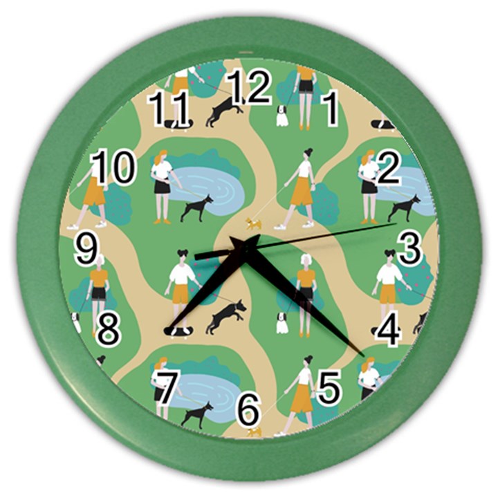 Girls With Dogs For A Walk In The Park Color Wall Clock