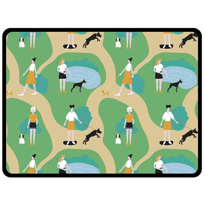 Girls With Dogs For A Walk In The Park Double Sided Fleece Blanket (Large) 