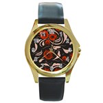 Folk flowers pattern Floral surface design Seamless pattern Round Gold Metal Watch Front