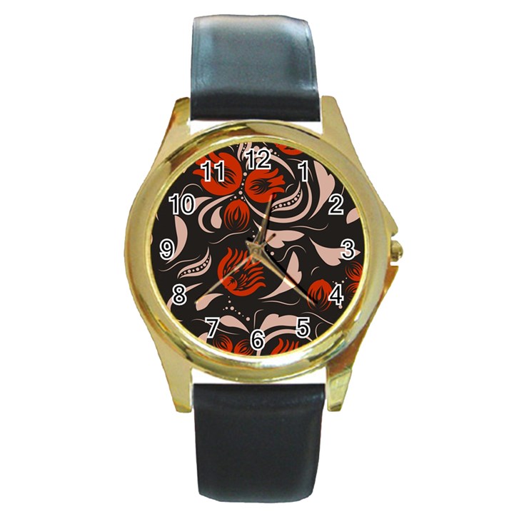 Folk flowers pattern Floral surface design Seamless pattern Round Gold Metal Watch