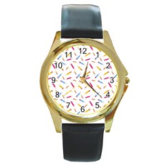 Multicolored Pencils And Erasers Round Gold Metal Watch by SychEva