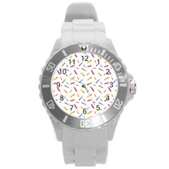 Multicolored Pencils And Erasers Round Plastic Sport Watch (l) by SychEva