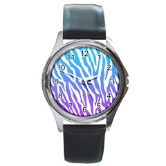 White Tiger Purple & Blue Animal Fur Print Stripes Round Metal Watch by Casemiro