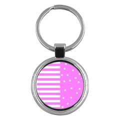 Saturated Pink Lines And Stars Pattern, Geometric Theme Key Chain (round) by Casemiro