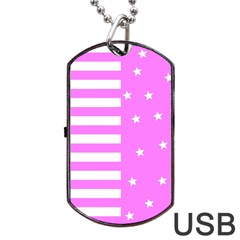 Saturated Pink Lines And Stars Pattern, Geometric Theme Dog Tag Usb Flash (one Side) by Casemiro