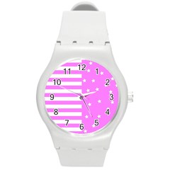 Saturated Pink Lines And Stars Pattern, Geometric Theme Round Plastic Sport Watch (m) by Casemiro