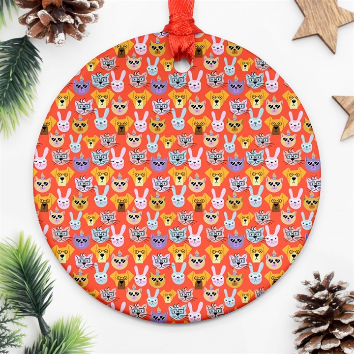 Cute Faces Of Dogs And Cats With Glasses Ornament (Round)