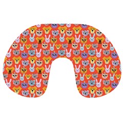 Cute Faces Of Dogs And Cats With Glasses Travel Neck Pillow by SychEva