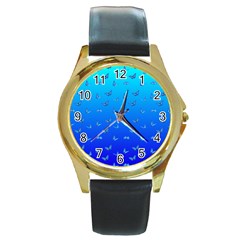 Butterflies At Blue, Two Color Tone Gradient Round Gold Metal Watch by Casemiro