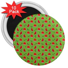 Juicy Slices Of Watermelon On A Green Background 3  Magnets (10 Pack)  by SychEva