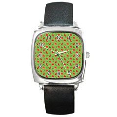 Juicy Slices Of Watermelon On A Green Background Square Metal Watch by SychEva