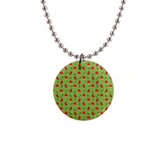 Juicy Slices Of Watermelon On A Green Background 1  Button Necklace by SychEva