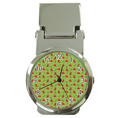 Juicy Slices Of Watermelon On A Green Background Money Clip Watches by SychEva