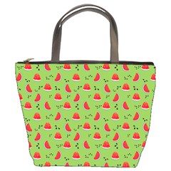 Juicy Slices Of Watermelon On A Green Background Bucket Bag by SychEva