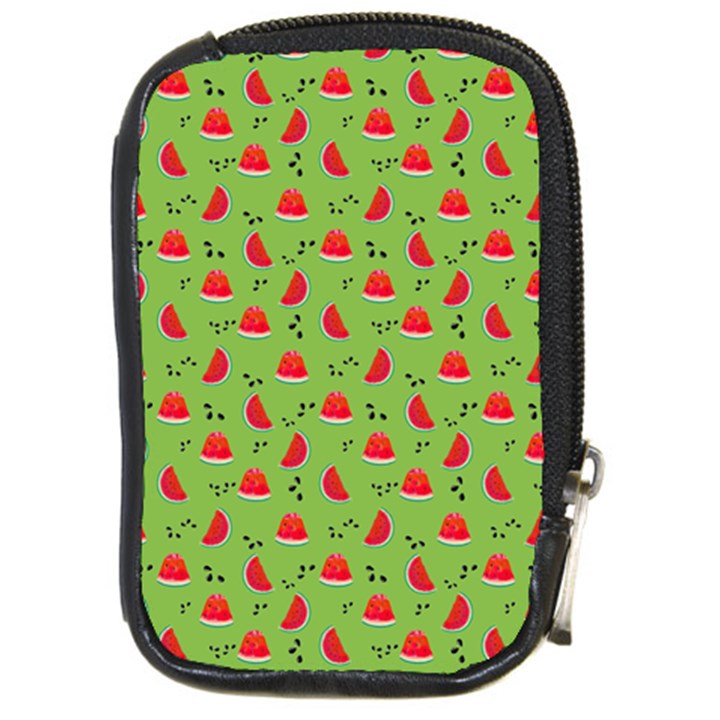 Juicy Slices Of Watermelon On A Green Background Compact Camera Leather Case