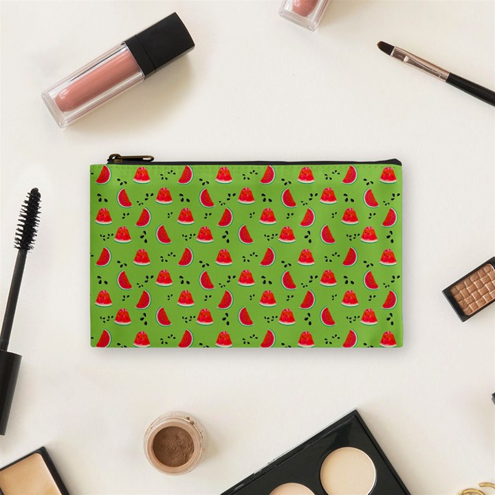 Juicy Slices Of Watermelon On A Green Background Cosmetic Bag (Small)