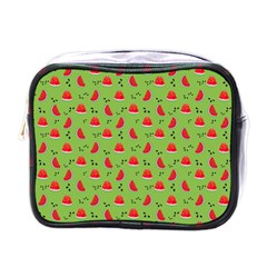 Juicy Slices Of Watermelon On A Green Background Mini Toiletries Bag (one Side) by SychEva