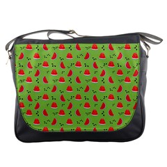 Juicy Slices Of Watermelon On A Green Background Messenger Bag by SychEva