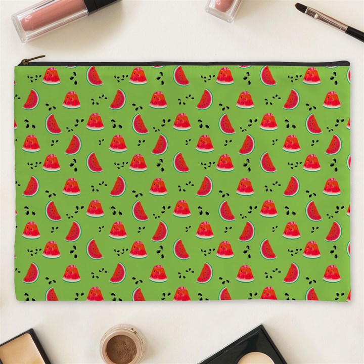 Juicy Slices Of Watermelon On A Green Background Cosmetic Bag (XXXL)