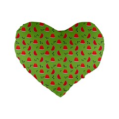 Juicy Slices Of Watermelon On A Green Background Standard 16  Premium Heart Shape Cushions by SychEva