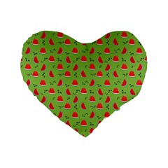 Juicy Slices Of Watermelon On A Green Background Standard 16  Premium Flano Heart Shape Cushions by SychEva