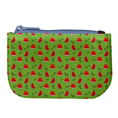 Juicy Slices Of Watermelon On A Green Background Large Coin Purse by SychEva