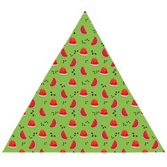 Juicy Slices Of Watermelon On A Green Background Wooden Puzzle Triangle by SychEva