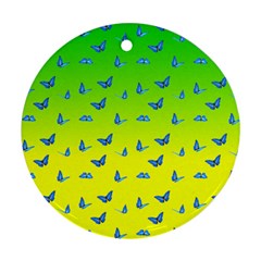 Blue Butterflies At Yellow And Green, Two Color Tone Gradient Round Ornament (two Sides) by Casemiro