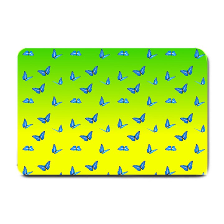 Blue Butterflies at yellow and green, two color tone gradient Small Doormat 