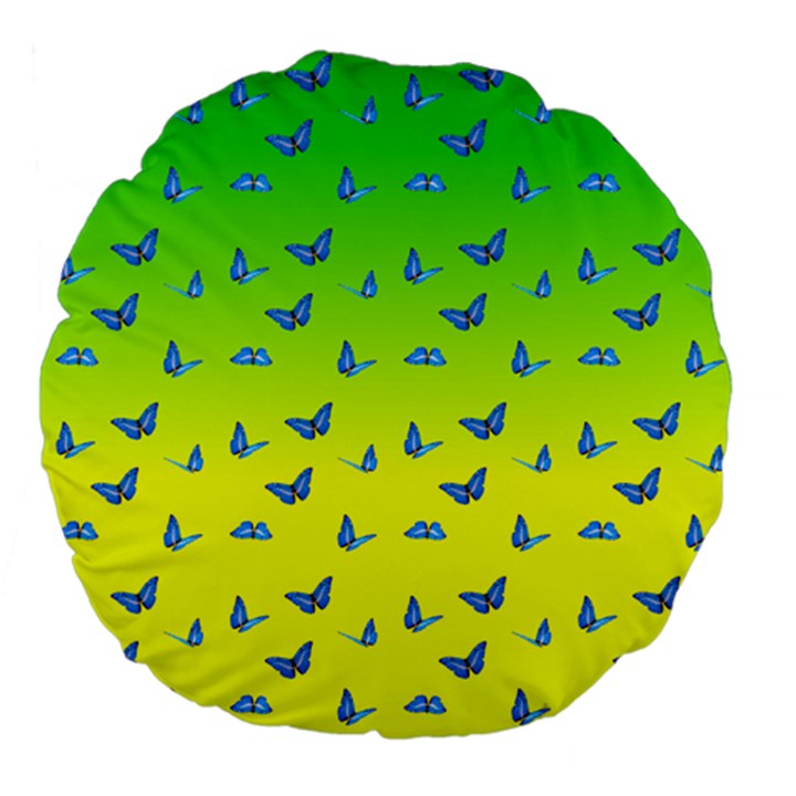 Blue Butterflies at yellow and green, two color tone gradient Large 18  Premium Flano Round Cushions