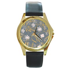 Folk Flowers Pattern  Round Gold Metal Watch by Eskimos