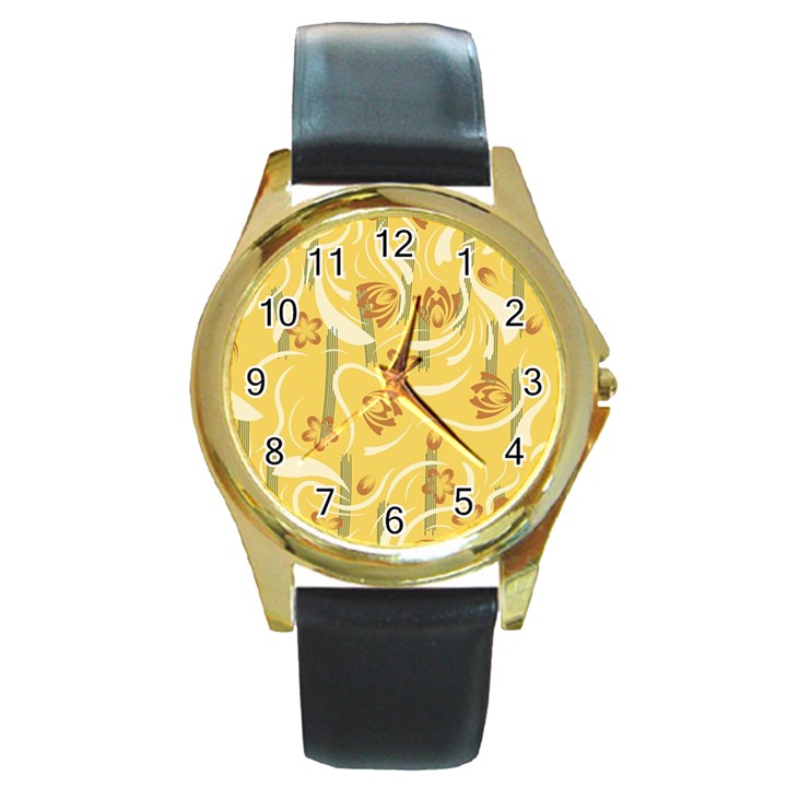 Folk flowers pattern  Round Gold Metal Watch