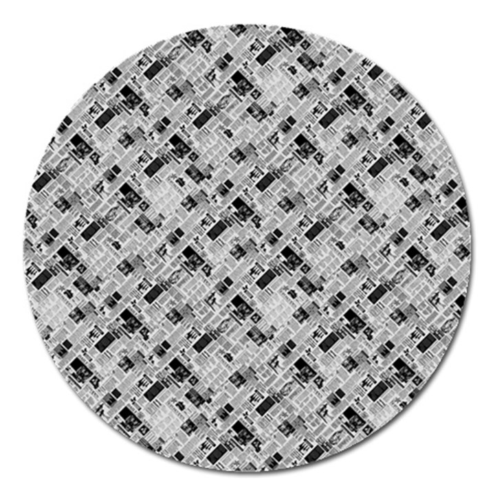 8 bit newspaper pattern, gazette collage black and white Magnet 5  (Round)