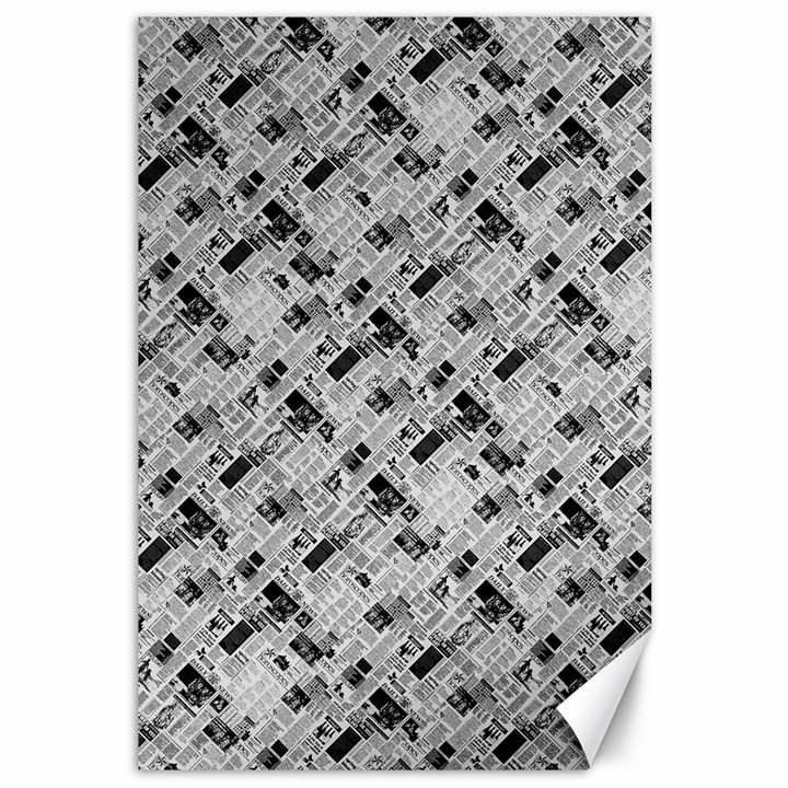 8 bit newspaper pattern, gazette collage black and white Canvas 12  x 18 