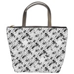 8 bit newspaper pattern, gazette collage black and white Bucket Bag Front