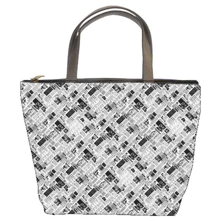 8 bit newspaper pattern, gazette collage black and white Bucket Bag