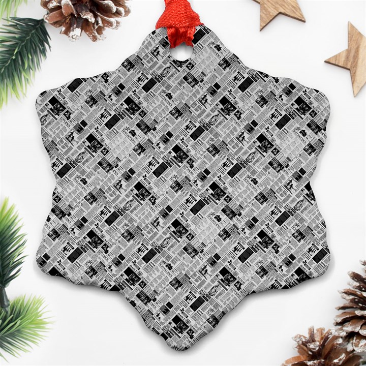 8 bit newspaper pattern, gazette collage black and white Ornament (Snowflake)