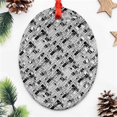 8 bit newspaper pattern, gazette collage black and white Ornament (Oval Filigree)