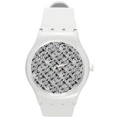 8 Bit Newspaper Pattern, Gazette Collage Black And White Round Plastic Sport Watch (m) by Casemiro