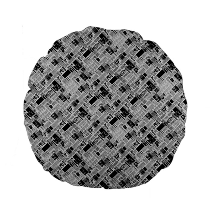 8 bit newspaper pattern, gazette collage black and white Standard 15  Premium Round Cushions