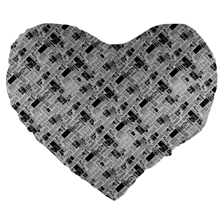 8 bit newspaper pattern, gazette collage black and white Large 19  Premium Heart Shape Cushions