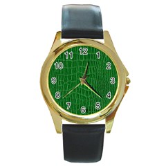 Crocodile Leather Green Round Gold Metal Watch by skindeep