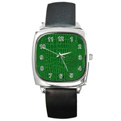 Crocodile Leather Green Square Metal Watch by skindeep