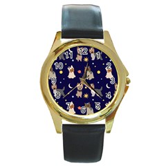 Terrier Cute Dog With Stars Sun And Moon Round Gold Metal Watch by SychEva