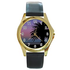 Sunset Coastal Scene, Montevideo Uruguay Round Gold Metal Watch by dflcprintsclothing